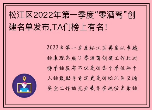 松江区2022年第一季度“零酒驾”创建名单发布,TA们榜上有名！