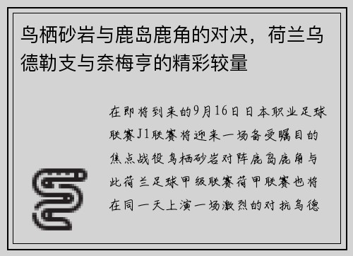 鸟栖砂岩与鹿岛鹿角的对决，荷兰乌德勒支与奈梅亨的精彩较量